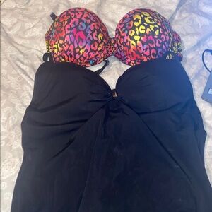 Colorful Leopard Print Bikini Top with Black tankini top. Both size 34B